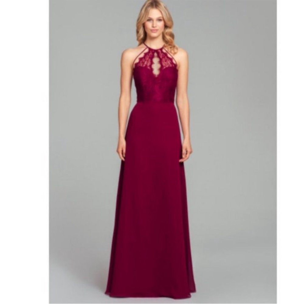 Hayley Paige Burgundy Halter Keyhole Lace Dress